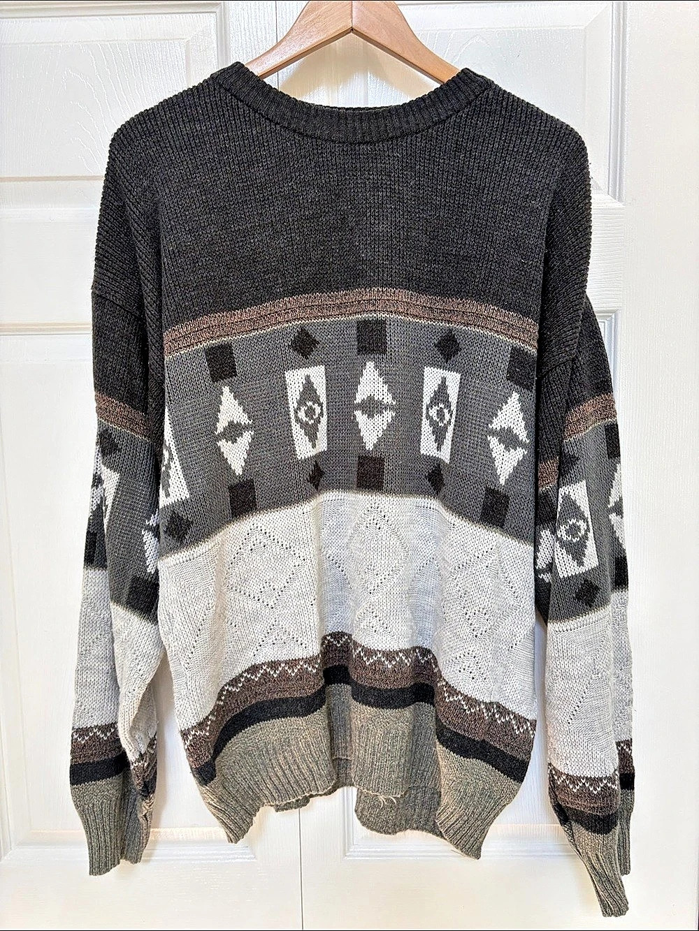 Vintage 1980s Northwest Territory Grey Eclectic Grandpa Knit Sweater Size L